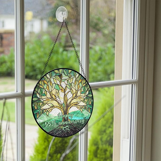 55th Emerald Wedding Anniversary Faux Stained Glass Suncatcher, Wedding Keepsake Ornament, for Parents, 55 Years of Marriage Gift