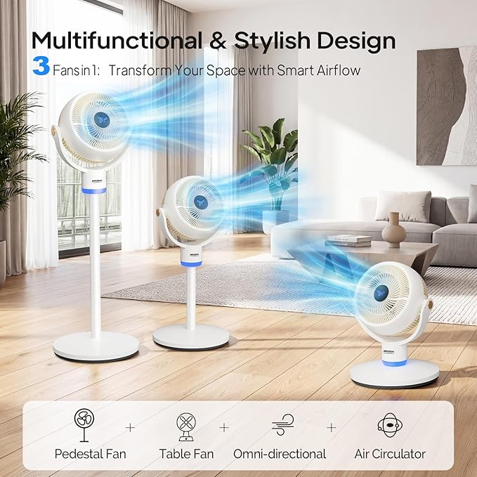 ROVSUN 3-in-1 Standing Fan for Bedroom, 40" Pedestal & Tabletop Fan, 120°+90°Omni-directional Oscillating Fan with Remote, Mood Lighting, 3 Speeds, 12H Timer and Adjustable Height, White 110V 40W