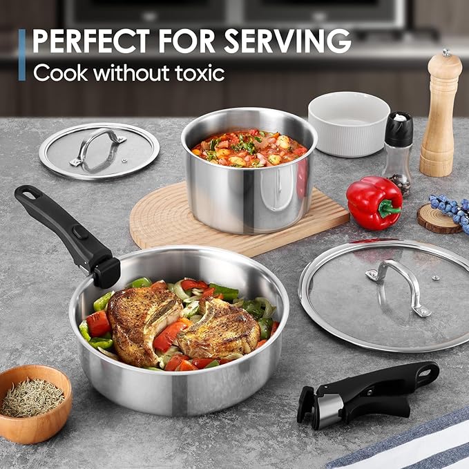 Walchoice 13pcs Stainless Steel Cookware Set, Tri-Ply Pots and Pans Set with Detachable Handles, Cooking Set for RV, Camping, Kitchen, All Stoves Compatible & Dishwasher Safe