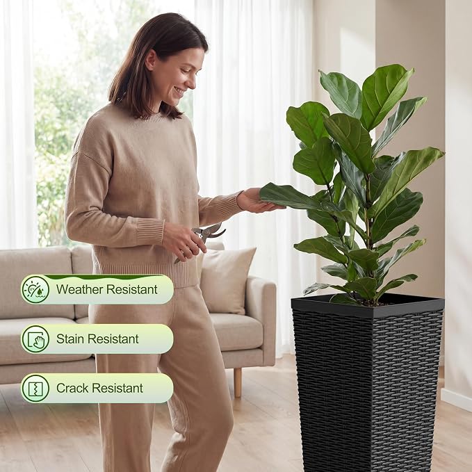Devoko Resin Tall Planters for Outdoor Plants Set of 2, Large Taper Outdoor Planter Pots with 4 Drainage Holes, Flower Pots Modern Decor for Porch, Patio, Backyard, Garden(Black, 30'' with Trays)
