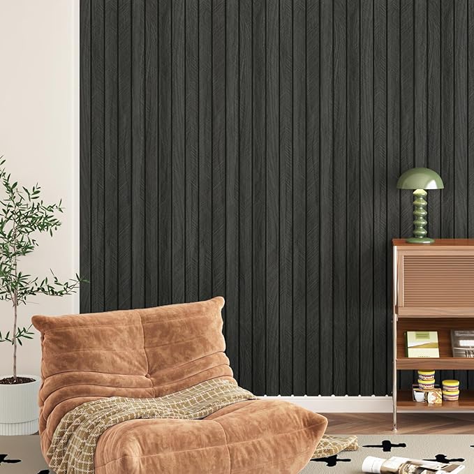 Grey/Black 3D Wood Panels for Interior Wall Decor Self Adhesive Wood Slat Wall Paneling Peel and Stick Sound Froof Foam Wooden Panels Wallpaper for Walls Bedroom Office Studio 23.6" x 118"