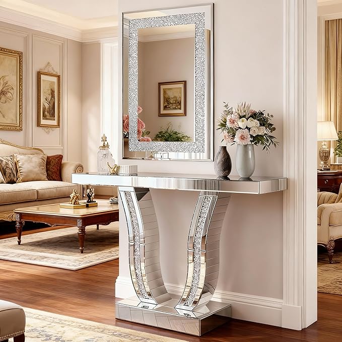 SSLine Modern Mirrored Entryway Table with Rectangle Wall Mirror Set of 2 Luxury Silver Mirror Console Table with 36x24inch Decor Mirror,Crush Diamond U-Shape Hallway Table for Living Room Entrance