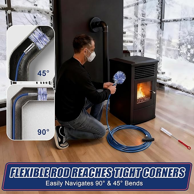 Dreyoo Pellet Stove Cleaning Brush Kit, 10 FT Flexible Steel Rod with 3" & 4" Brush Head, T Handle, Multi Purpose Flue Detail Cleaner, Nylon Stove Flue Pipe Kit for Pellet Furnace Exhaust Pipes