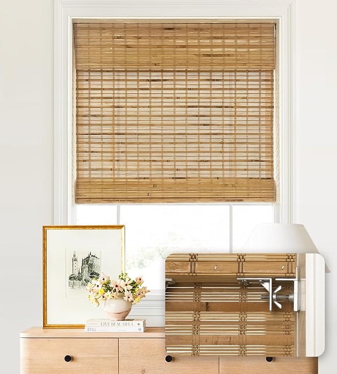 LazBlinds No Tools No Drill Cordless Bamboo Roman Shades, Light Filtering Window Treatment, Roll Up Bamboo Blinds for Windows 38'' W x 64'' H, Dali Native