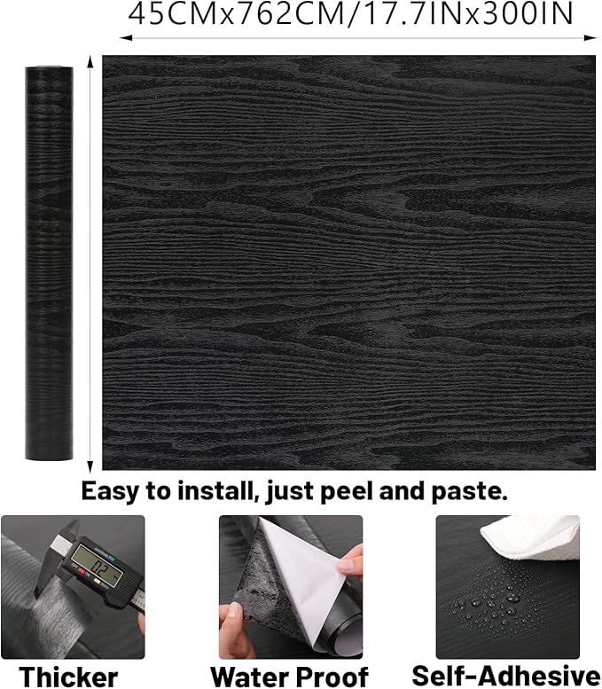 Peel and Stick Wallpaper Black Wood Wall Paper - 17.5 x 300 Inch Self Adhesive Wallpaper Peel and Stick, Easy to Paste Wall Contact Paper for Stand Liner, Table and Door Makeover Decor