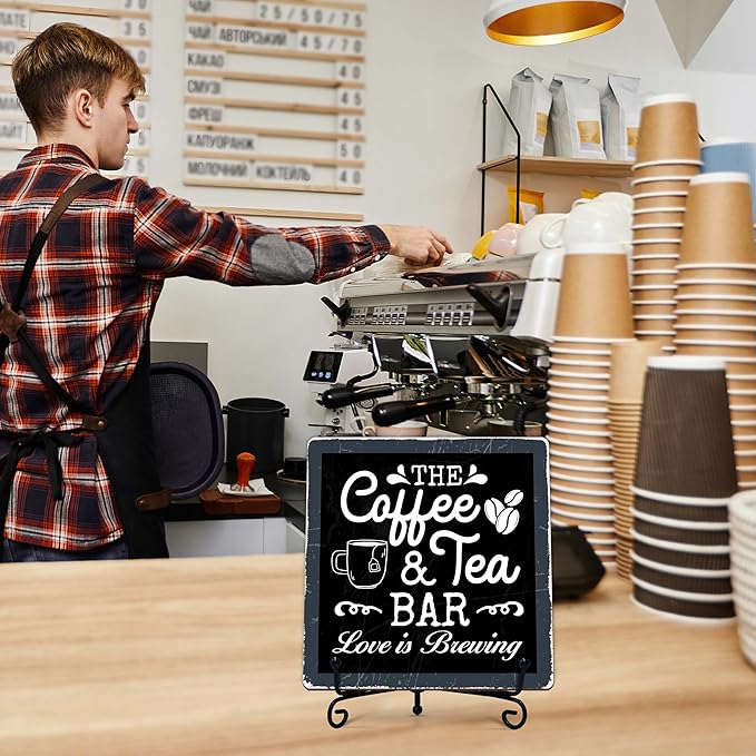 Coffee Bar Sign, Love is Brewing Farmhouse Tabletop Decor, Coffee and Tea Lover Gifts, 5x5 Wood Plaque with Iron Stand for Home Kitchen Cafe, Coffee Bar Decor – L03