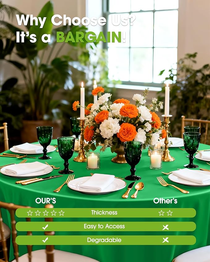 Pureegg Plastic Table Cloth Disposable 20 Pack, 84'' Round Table Cloths, St Patricks Day, Christmas Decorations, Tablecloths, Round, Forest, Emerald, Plastic Cover, Leakproof & Sturdy, Green