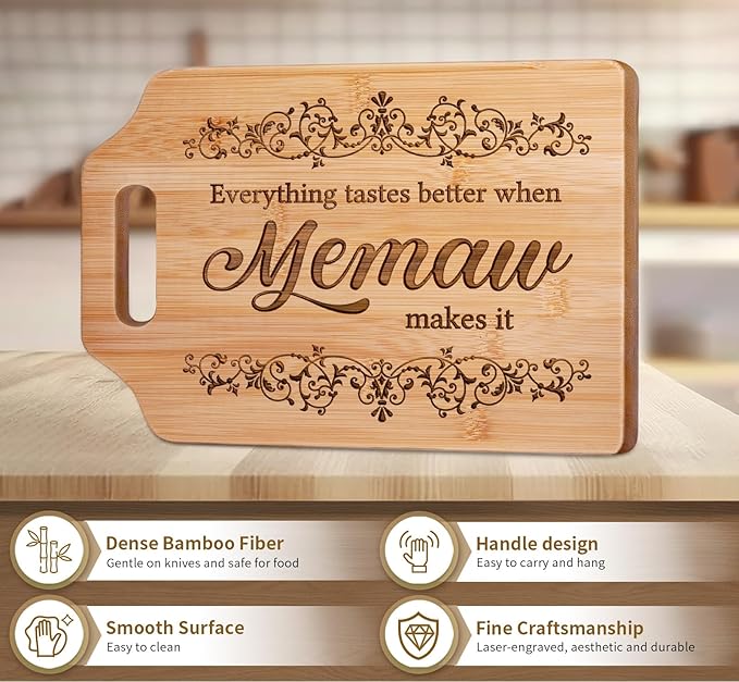 AceThrills Memaw Gifts, Memaw Mothers Day Gift for Memaw's Birthday Christmas- Engraved Bamboo Cutting Board 12.3"L × 8.7"W × 0.4"Th