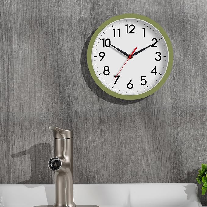 AKCISOT 8 Inch Wall Clock, Battery Operated Analog Clock, Silent Non-Ticking, Ideal for Bedroom, Bathroom, Kitchen, Office and School, Olive Green