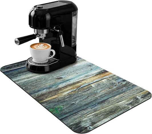 Coffee Mat 19x12 Inch, Wood Grain Counter Top Mat, Absorbent Hide Stain Rubber Backed Dish Drying Mat for Kitchen Counter, Bar Mats for Countertops, Under Coffee Bar Maker Machine Pot Espresso Staion