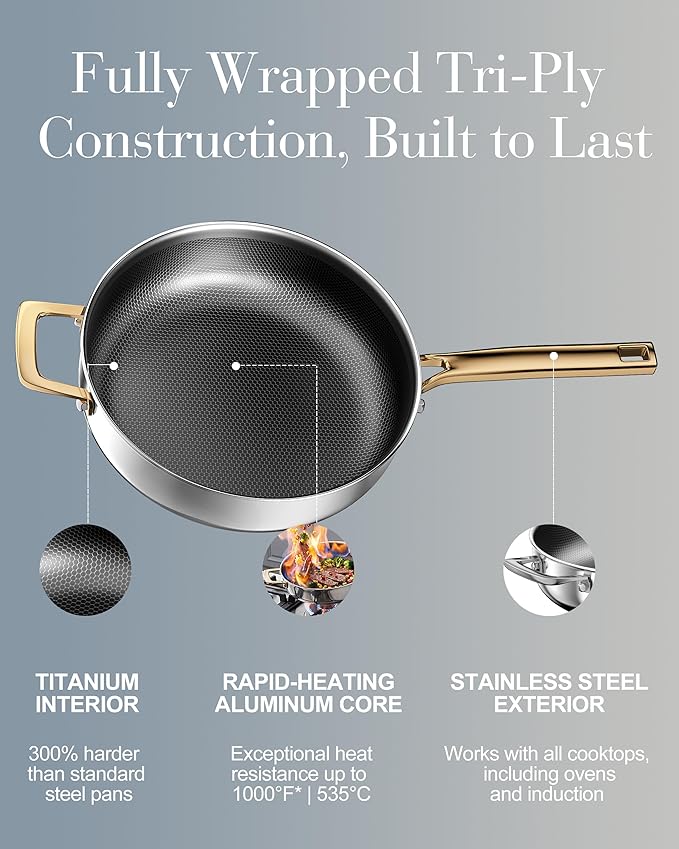FogDream Titanium Non Stick Frying Pan, 10in Tri-Ply Stainless Steel Deep Saute Pan, All-in-One Cookware Set(Spatulas&Steamer), Stay Cool Handle, Dishwasher & Oven-Safe,Induction Compatible,Gold