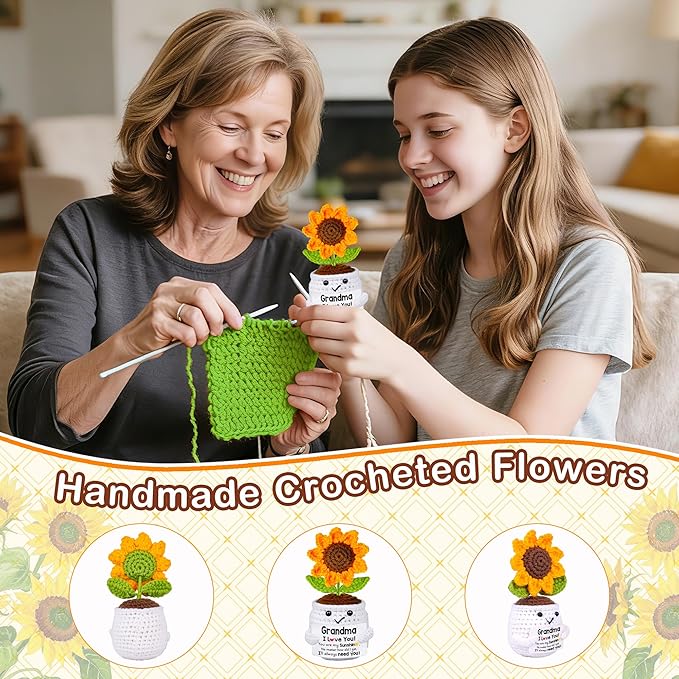 Qunland Mothers Day Birthday Gifts for Grandma, Grandma Gifts from Grandkids, Mother's Day Birthday Gift for Nana Grandmother GaGa, Handmade Crochet Mini Sunflower Pot Doll I Love You for Gigi