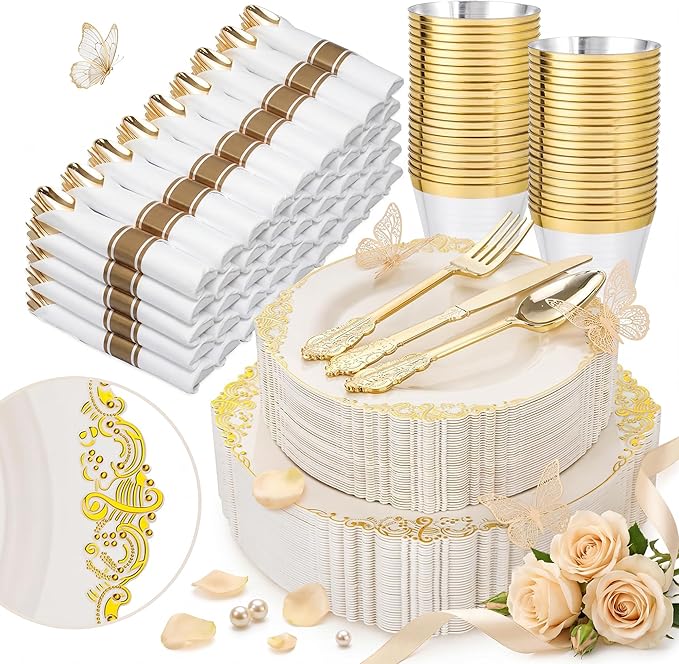 Nervure 350PCS Ivory Plastic Plates - Ivory Gold Plastic Dinnerware Sets for 50 Guests - 100 Gold Disposable Plates, 50 Pre Rolled Silverware Sets, 50 Cups Perfect for Wedding & Party & Mothers Day