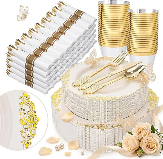 Nervure 350PCS Ivory Plastic Plates - Ivory Gold Plastic Dinnerware Sets for 50 Guests - 100 Gold Disposable Plates, 50 Pre Rolled Silverware Sets, 50 Cups Perfect for Wedding & Party & Mothers Day
