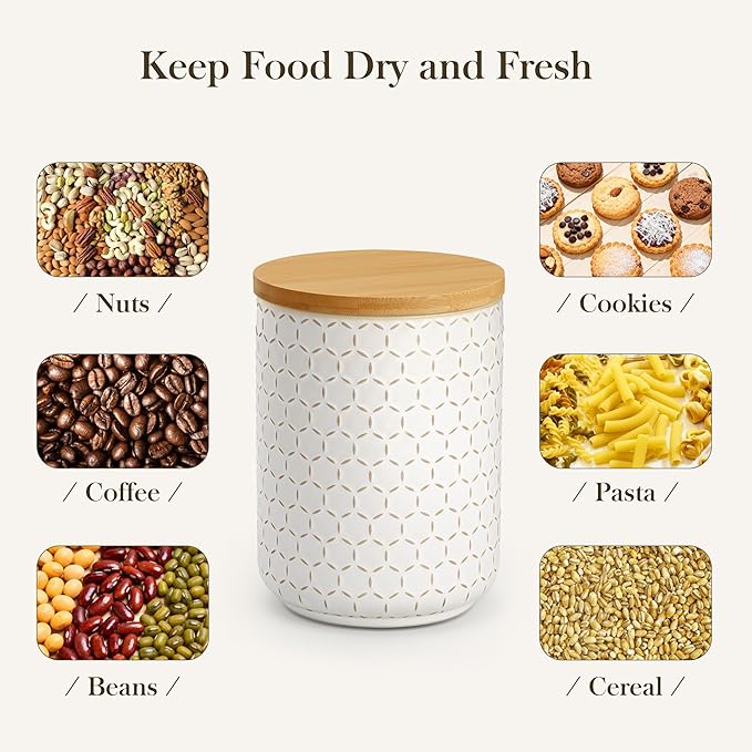 MALACASA LYDIA Ceramic Canisters Set with Airtight Lids, 80/40/20 oz Coffee Canisters Sets for the Kitchen, Large Jars for Flour, Sugar, Pasta, Coffee, Cookies, Tea - Set of 3, Hexagon