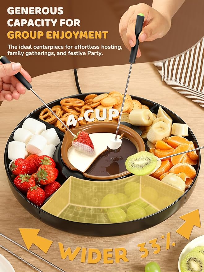 Electric Chocolate Fondue Set, 4-Cup Chocolate, Rotating Tray | Melt & Warm Modes, Dual Silicone Inserts, 6 Color-Coded Forks, Easy-Clean, Ideal for Candy Melts, Movie Night, Game Night