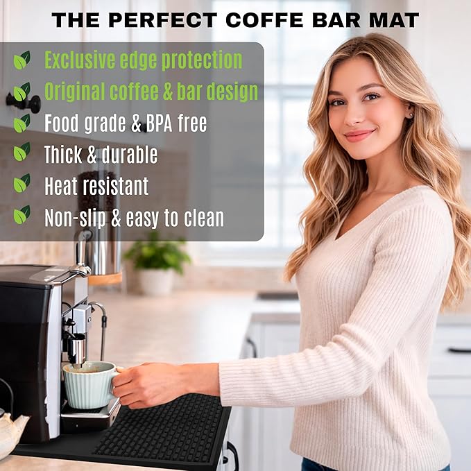 Coffee & Bar Mat For Countertop With "Edge Protection" – Espresso Machine & Coffee Maker Mat – Silicone Heat Resistant Mat – Non-Slip & BPA-Free Food Grade Mat – 12"(Front) x 24"(Length), Black