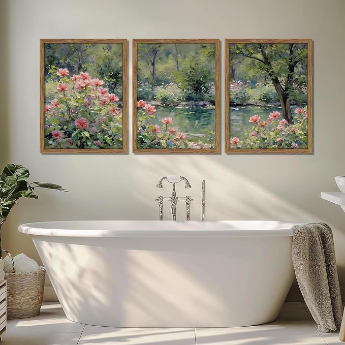 Framed Monet Wall Art Set of 3, Impressionist Botanical Floral Canvas Wall Decor, Vintage Cottagecore Artwork Paintings, Nature Landscape Flowers Prints Pictures for Living Room Bedroom 16x24 Inch