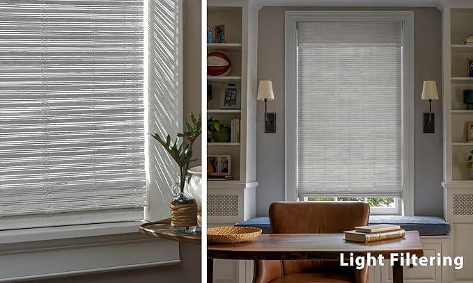 LazBlinds No Tools No Drill Cordless Bamboo Roman Shades, Light Filtering Window Treatment, Roll Up Bamboo Blinds for Windows 41'' W x 48'' H, Whitewash T