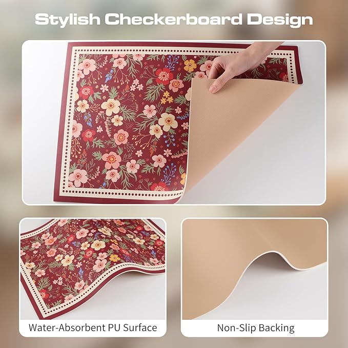 Vintage Floral Coffee Maker Mat, Non-slip Quick Dry Pad for Kitchen Countertop Pet Feeding Area (Vintage Parterre,Red)