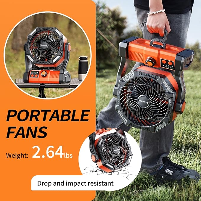 Camping Fan, 20000mAh Rechargeable Battery Powered Outdoor Tent Fan with Light and Hook, 6 Speed, Personal USB Desk Fan for Camping, Fishing, Hurricane, Power Outage Essentials