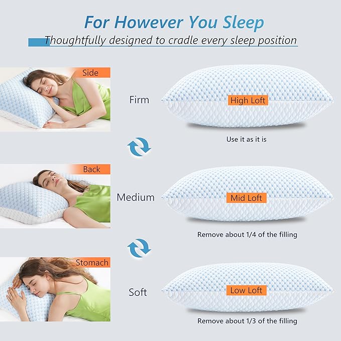 UYWO Cooling Firm Bed Pillows Set of 2, Shredded Memory Foam Pillows for Sleeping Luxury Gel Pillows for Side Back Stomach Sleepers with Removable Washable Cover(Blue, Standard)