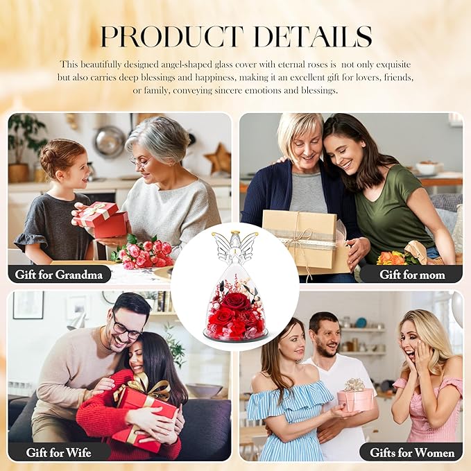 Mothers Day Roses Gifts for Mom Forever Preserved Real Roses Flowers in Glass Angel Figurines Fresh Flowers for Delivery for Grandma Women Mom Wife from Daughter/Red