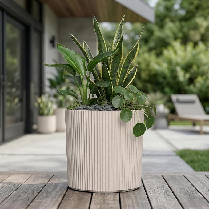 Mayne Haven 14-Inch Fluted Planter, Round Planters for Outdoor Plants, Lightweight Concrete Look Plant Pots for Porch, Patio, Garden and Entryway Décor, Chai