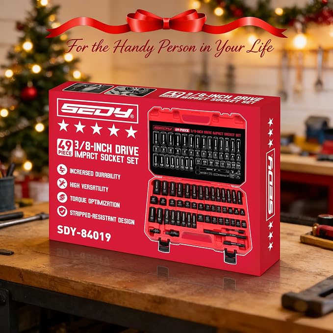 3/8" Drive Impact Socket Set - 49-Piece SAE (5/16 to 3/4 inch) and Metric (8-22mm) Sizes with Extension Bars and Universal Joint Standard & Deep CR-V Material for High Durability Impact Wrench