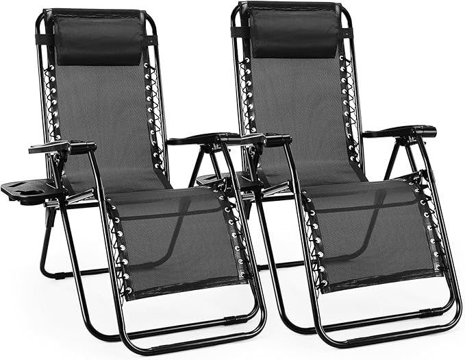 Sweetcrispy Zero Gravity Chairs, Set of 2 Portable Recliner Beach Camping Patio Outdoor Folding Lounge Chair with Cup Holder Trays and Adjustable Pillow for Poolside, Garden, Backyard, Lawn, Black