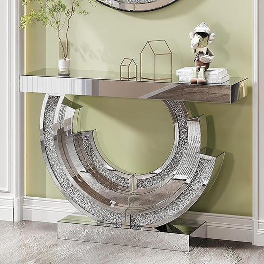SSLine Mirror Console Table for Living Room 43" Modern Mirrored Entryway Table with Crystal 3-Ring Shape Base Luxury Silver Foyer Tables for Entryway Hallway