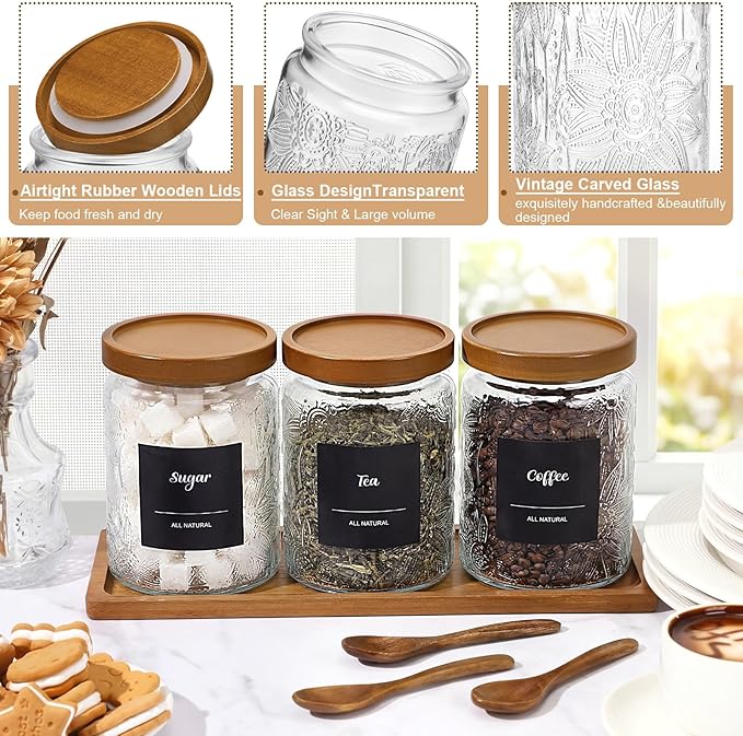 3 Pcs Glass Coffee Container Set with Wooden Lid Spoon Shelf Labels Clear Sugar Tea Airtight Jar Food Storage Canisters Set for Spice Holder Coffee Bar Gifts(Sunflower,24 oz)