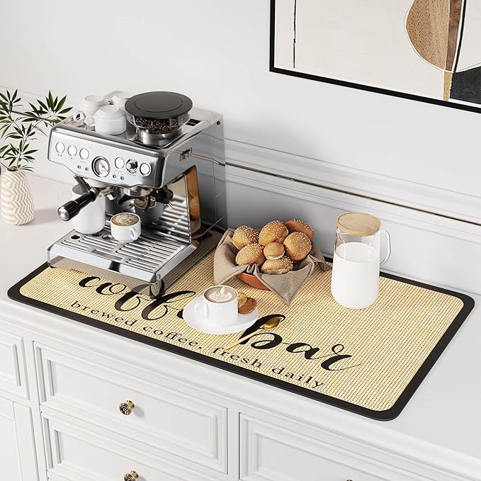 DK177 Coffee Mat - Dish Drying Mat for Kitchen Counter, Hide Stain, Absorbent with Waterproof Rubber Backing, Fit Kitchen Dish Rack Bar Accessories (Coffee Bar, 31.5" x 17")