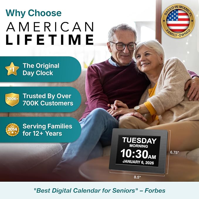 American Lifetime Large Digital Wall Clock for Seniors, Black Polished, 8-Inch High Resolution Display, Easy to Read, Customizable Alarms, Auto-Dimming, Multi-Language Support, Battery Backup