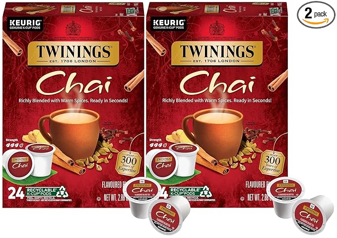 Twinings Chai Black Tea K-Cup Pods for Keurig, 24 Count (Pack of 2), Naturally Sweet and Savoury Spice Flavors, Caffeinated, Enjoy Hot or Iced