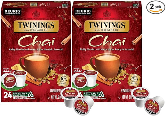 Twinings Chai Black Tea K-Cup Pods for Keurig, 24 Count (Pack of 2), Naturally Sweet and Savoury Spice Flavors, Caffeinated, Enjoy Hot or Iced