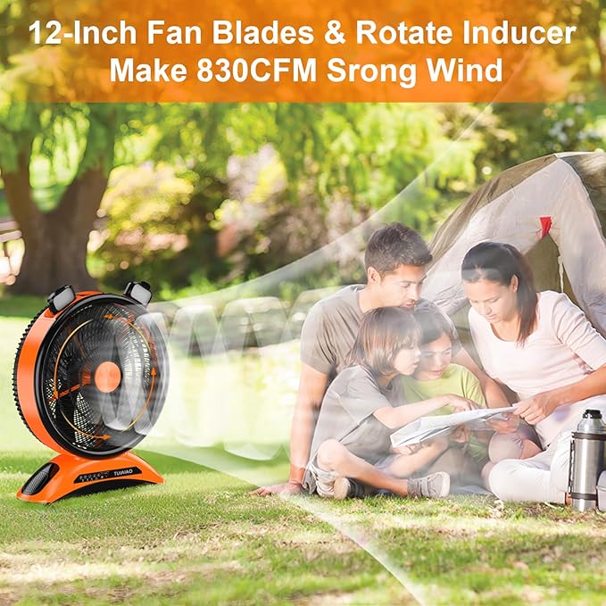 45000mAh Big Battery Powered Camping Fan, 12-Inch Blades Portable Rechargeable Outdoor Fan with LED Light, 3 Speeds Cordless Floor Fan with Remote and Timer for Garage, Patio, RV