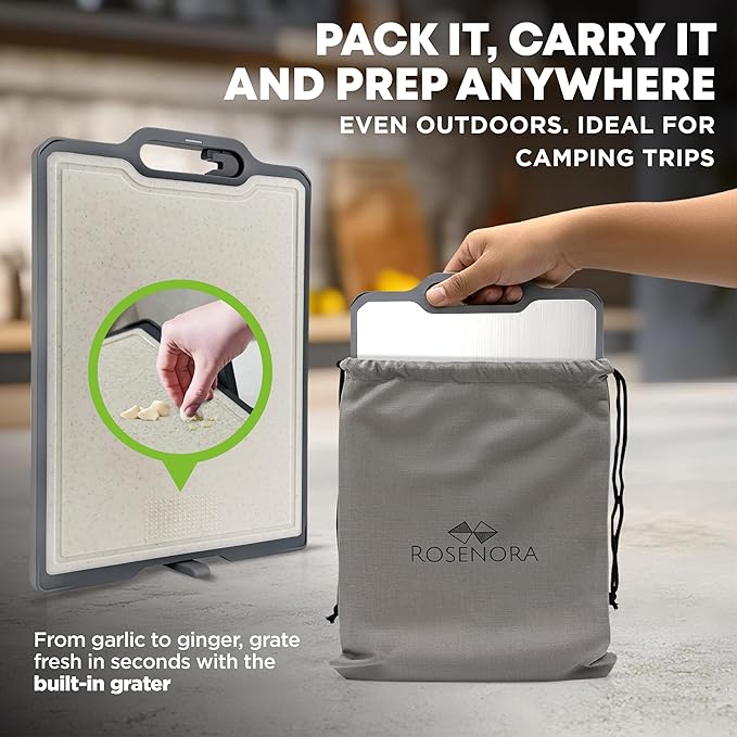 Non-toxicTitanium Cutting Board with Stand, Knife Sharpener, Grater & Storage Bag | Titanium + Wheatstraw PP Chopping Board | Healthy Kitchen Accessory for Meat, Vegetables & Fruit