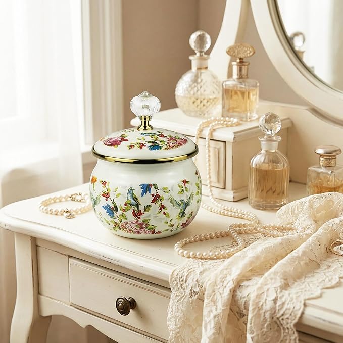 Flowers Birds Enamel Sugar Bowl Seasoning Jar Vintage Tea Canister Spice Box Retro Coffee Candy Storage Pot Bohemian Salt Container Jar for Home Kitchen Decor