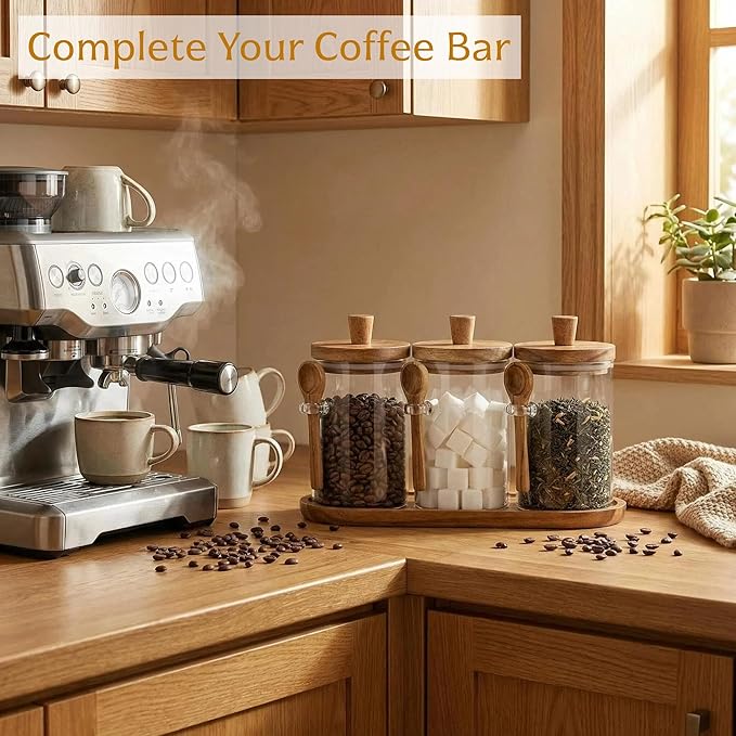 3-Pack 20oz Glass Coffee Container Set - Clear Airtight Canister with Wooden Lid Spoon Tray Labels, Food Storage Jar for Coffee Bean, Tea, Sugar, Housewarming Gift