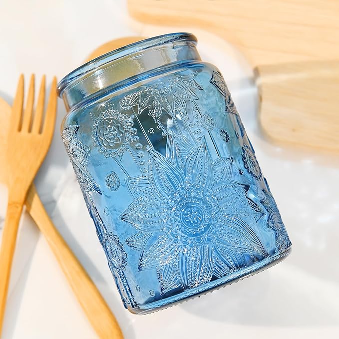 Custde Glass Storage Jars With Airtight Lid, 23.7oz Canister For Kitchen Counter with Bamboo Lid, brown sugar, candy, coffee, cookie, salt, tea,pantry cute Jar (Blue 2-Pack, 23.7 fl oz)