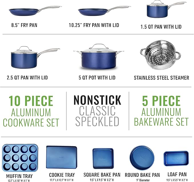 Granitestone 15 Pc Kitchen Pots and Pans Set Non Stick, Kitchen Cookware Sets, Pot and Pan Set, Nonstick Cookware Set, Diamond Coated Non Stick Pots and Pan Set, Dishwasher Safe - Blue
