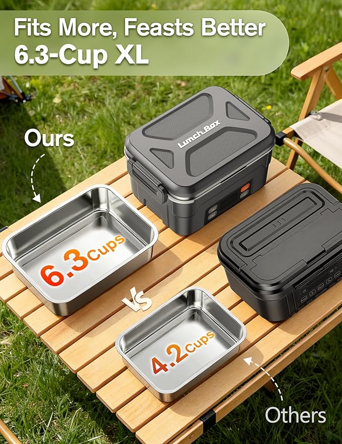 EAST OAK XL 6.3-Cup/1.5L Cordless Electric Lunch Box for adults, Electric Lunch Box Food Heater with Smart Timer, 220°F Stainless Steel Container for Work Outdoor,Standard Gray