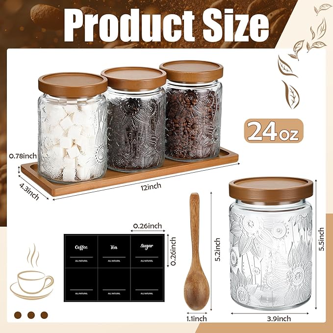 3 Pcs Glass Coffee Container Set with Wooden Lid Spoon Shelf Labels Clear Sugar Tea Airtight Jar Food Storage Canisters Set for Spice Holder Coffee Bar Gifts(Sunflower,24 oz)