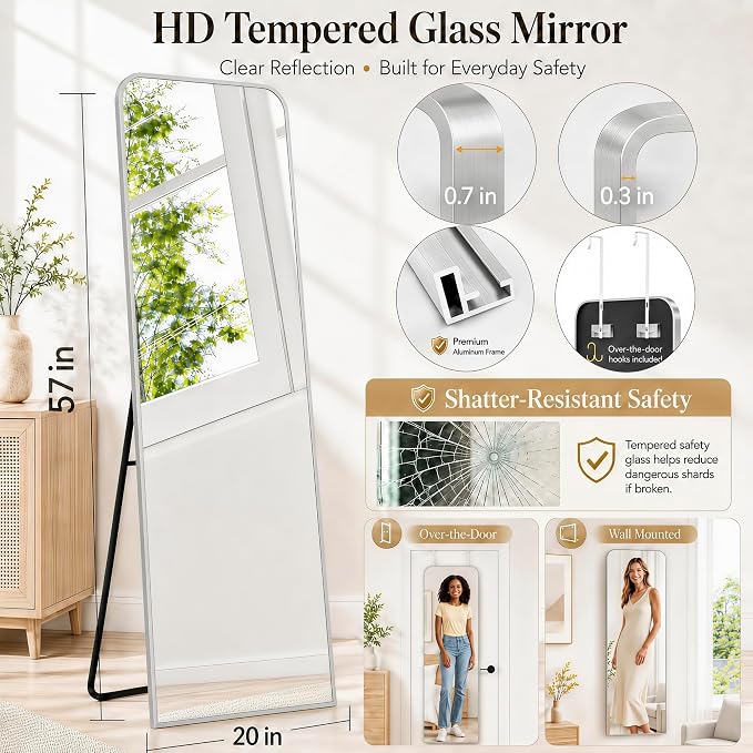 SCWF-GZ 57x20 Full Length Mirror Over The Door Hanging, Floor Stand/Wall Mounted Aluminum Alloy Frame Dressing Mirror for Bedroom Living Room 57 inch Silver