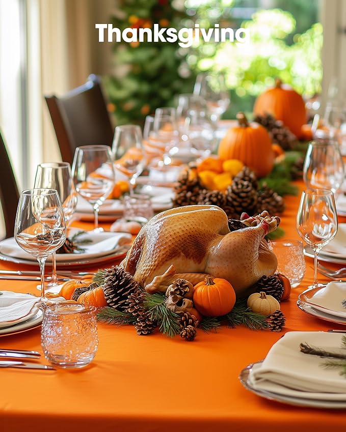 Pureegg Plastic Table Cloth Disposable 20 Pack, 54 x 108 Inch Table Cloths, Halloween Party, Thanksgiving Decorations, Harvest, Fall Tablecloths, Rectangle Tables, Leakproof & Sturdy, Orange