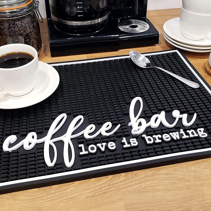 New Mungo Coffee Bar Mat – “Love Is Brewing” – Spill-Proof PVC Coffee Station Mat, Non-Slip Countertop Protector 18"x12"