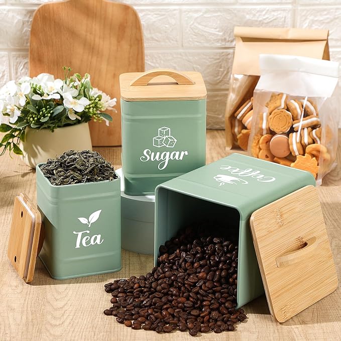 Maxdot 3 Set Coffee Sugar Tea Containers, Square Airtight Kitchen Canisters Storage Ground Organization with Bamboo Lids Rustic Metal Jars for Coffee Bar Beans, Tea Leaves, Food, Countertop(Turquoise)
