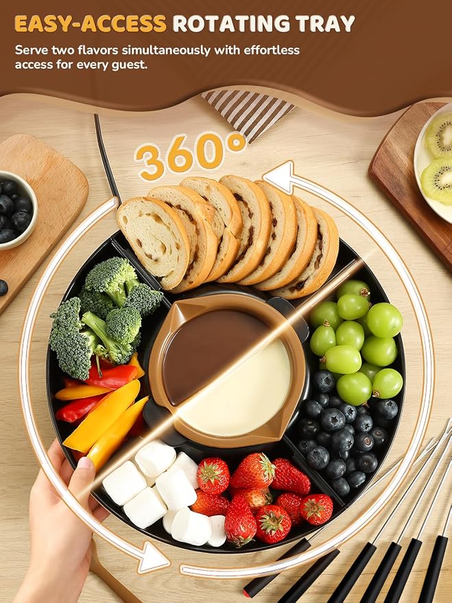 Electric Chocolate Fondue Set, 4-Cup Chocolate, Rotating Tray | Melt & Warm Modes, Dual Silicone Inserts, 6 Color-Coded Forks, Easy-Clean, Ideal for Candy Melts, Movie Night, Game Night