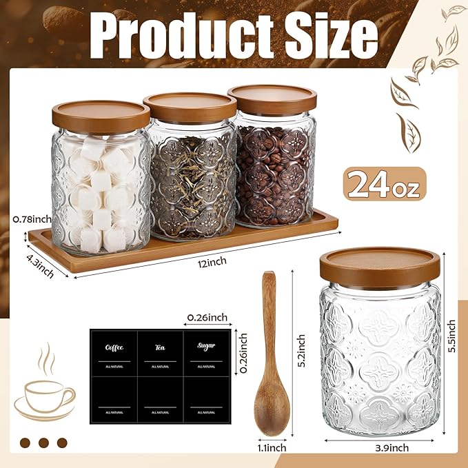 3 Pcs Glass Coffee Container Set with Wooden Lid Spoon Shelf Labels Clear Sugar Tea Airtight Jar Food Storage Canisters Set for Spice Holder Coffee Bar Gifts(Begonia,24 oz)